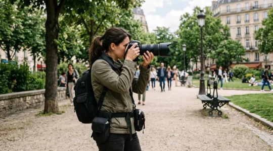 Un photographe tenant un appareil reflex avec un objectif téléobjectif, en train de cadrer une prise de vue dans un parc urbain