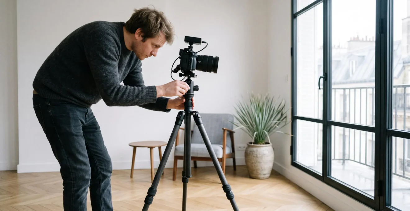 Un photographe ajustant la rotule d'un trépied professionnel avec un appareil photo monté, dans un intérieur contemporain éclairé naturellement