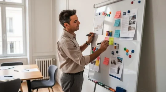 Professionnel utilisant un tableau magnétique blanc lors d'une réunion dans un bureau moderne, écrivant et organisant des informations avec des marqueurs et accessoires magnétiques.