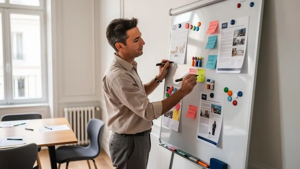 Professionnel utilisant un tableau magnétique blanc lors d'une réunion dans un bureau moderne, écrivant et organisant des informations avec des marqueurs et accessoires magnétiques.